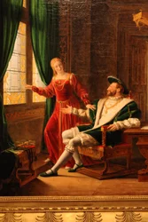 Franz I. zeigt Margarete von Navarra, seiner Schwester, die Verse, die er gerade mit seinem Diamanten auf eine Scheibe geschrieben hat